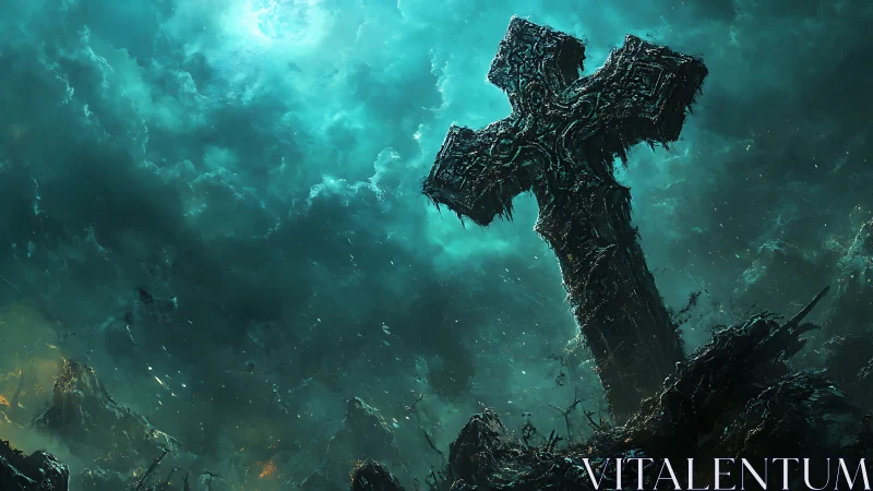 Colossal decayed cross rises from stormlit ruined landscape