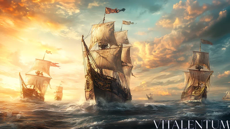 Sunlit armada cuts through stormlit waves at golden hour