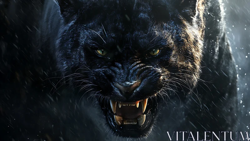 Black Panther Portrait: Close-Up Snarling Feline with Bioluminescent Eyes