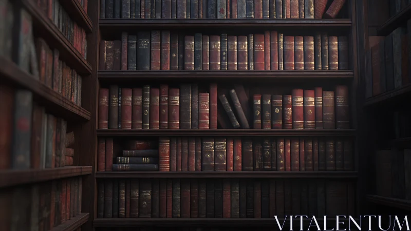 Dim library shelves hold dense rows of worn leather books