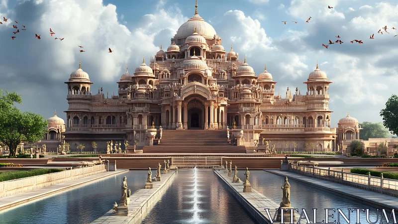 Symmetrical sandstone palace with domes and reflecting pools.