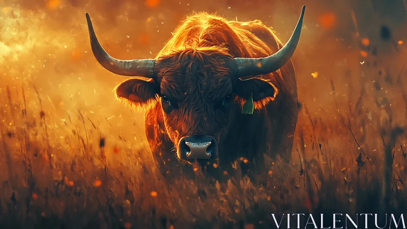 Backlit longhorn bovine in incendiary chromatic dusk field.