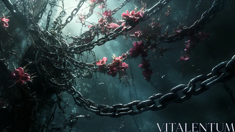 Otherworldly Chains and Crimson Blooms in Teal Abyss.