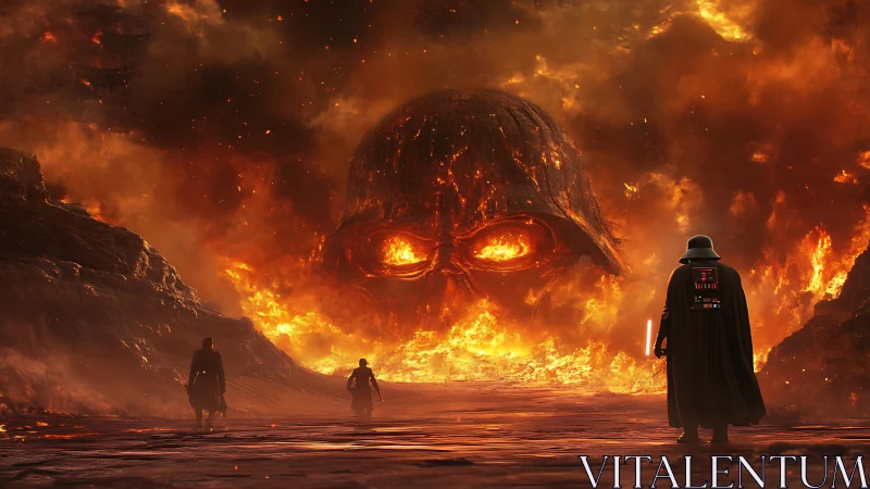 Molten battlefield unfolds beneath a fiery, watching mask