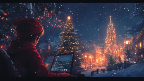 Nocturnal festive village viewed from illuminated laptop screen.