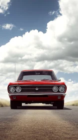 Red classic sedan front view under bright summer sky.