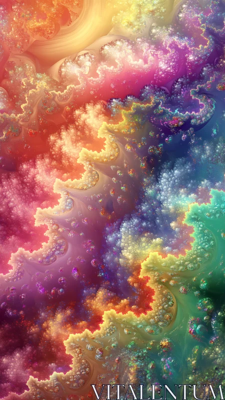 Radiant fractal clouds swirl through a prismatic cosmos.