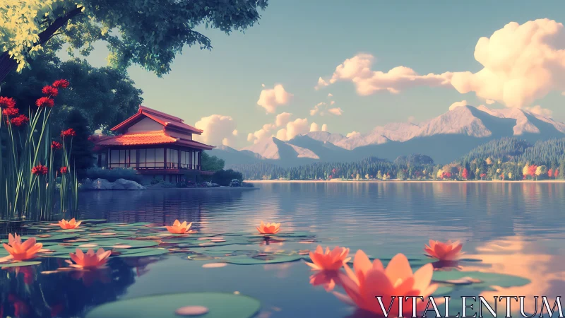 Lakefront pagoda stands beside water lilies and mountains