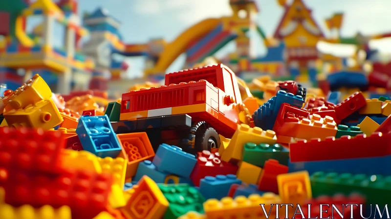 Toy brick truck amid multicolored plastic construction blocks.