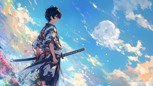 Skybound swordsman wandering through painted spring clouds.