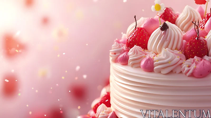 Strawberry Cream Cake. Whipped frosting, fresh berries, bokeh background.