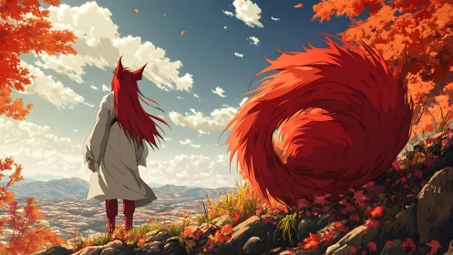 Fox-eared wanderer overlooking vast autumn valley panorama.