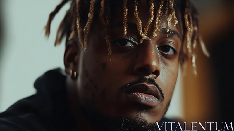 Close portrait of young man with blond dreadlocks, serious.