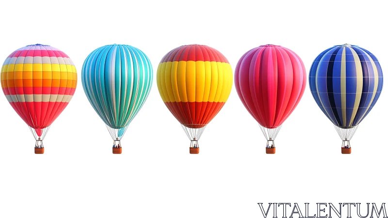 Five colorful hot air balloons rendered on white background