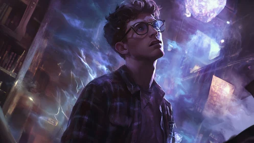 Young scholar studies glowing crystal in arcane library