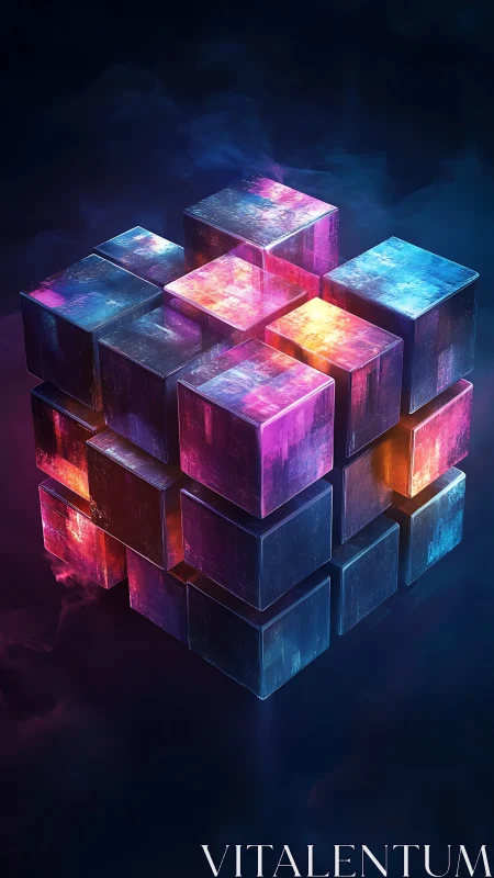 Glowing geometric cube cluster in neon blue and magenta.