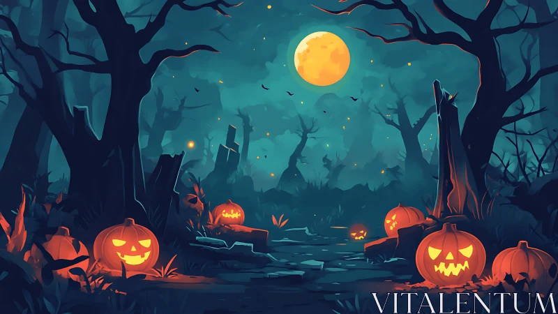 Glowing jack-o&rsquo;-lantern path curves through spectral moonlit forest