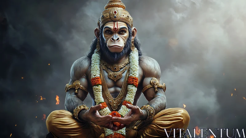 Majestic monkey warrior in calm, fiery meditation.