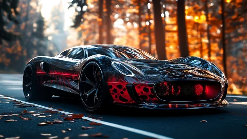 Futuristic black supercar on forest road in autumn light.