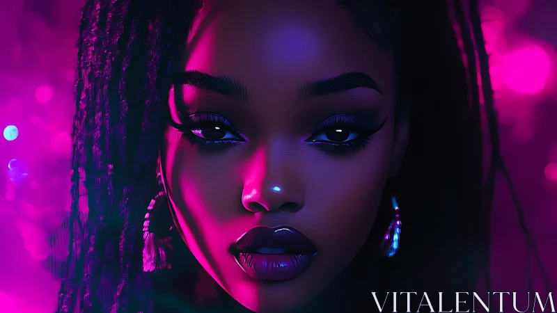 Neon-lit portrait shows intense gaze under magenta glow