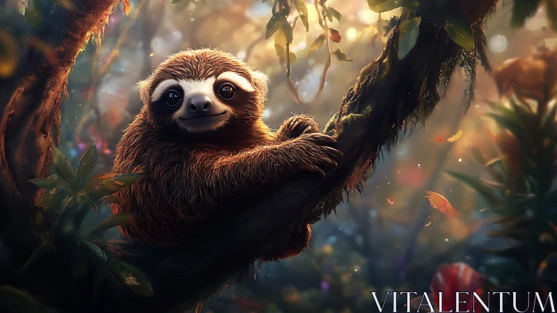 Gentle sloth rests on mossy jungle branch at golden dusk.