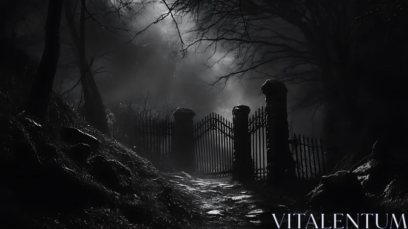 Moonlit iron gate guards a mist-drenched haunted woodland path.