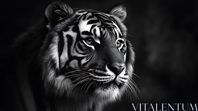 Majestic tiger gazes softly into the quiet monochrome light