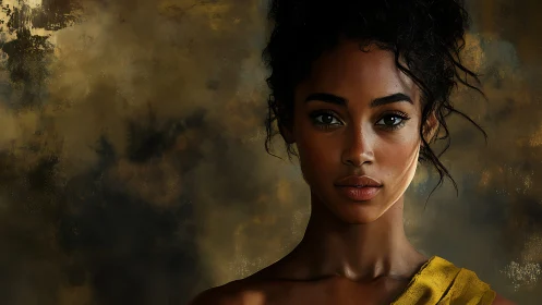 Portrait shows digital painting of woman against textured backdrop