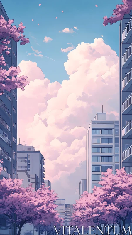 Urban cherry blossom boulevard under towering pastel clouds.
