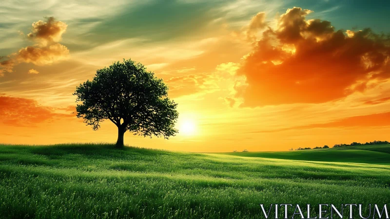 Solitary hilltop tree soaking in a blazing emerald sunset.