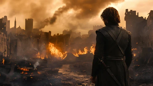 Solitary Warrior Overlooking Catastrophic Urban Inferno.