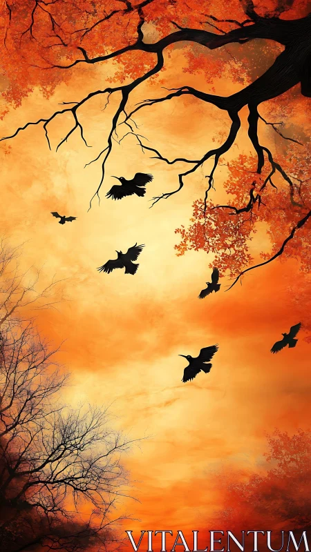 Silhouetted crows crossing autumn branches at sunset sky.