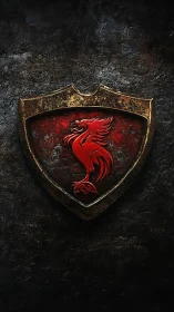 Red phoenix emblem on worn metallic shield crest.