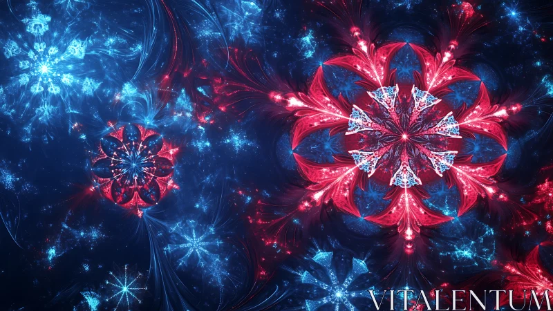 Symmetrical red and blue fractal floral and star patterns.