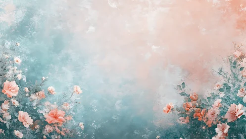 Ethereal Garden. Soft Coral Roses Dissolve into Misty Teal