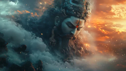 Cosmic deity portrait merges storm clouds and sunset light.