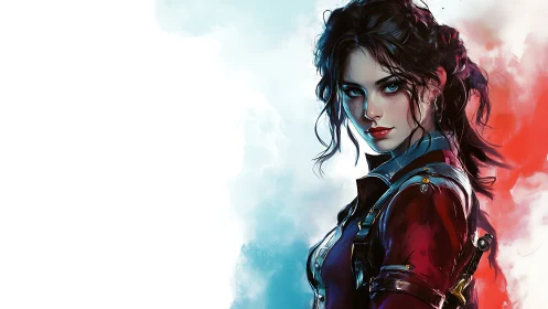 Female figure in red uniform with dual color smoke backdrop.