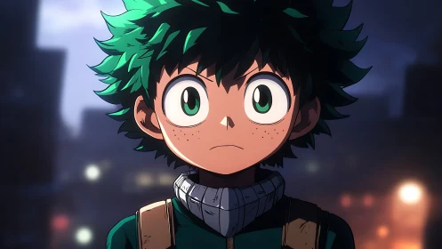 Bright eyed green haired anime hero gazes into the dusk