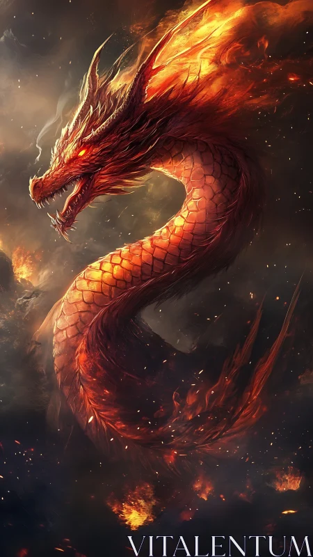 Flaming serpent dragon coils amid embers and storm clouds.