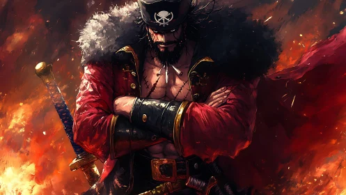 Incandescent pirate commander amid combustion field dynamics.