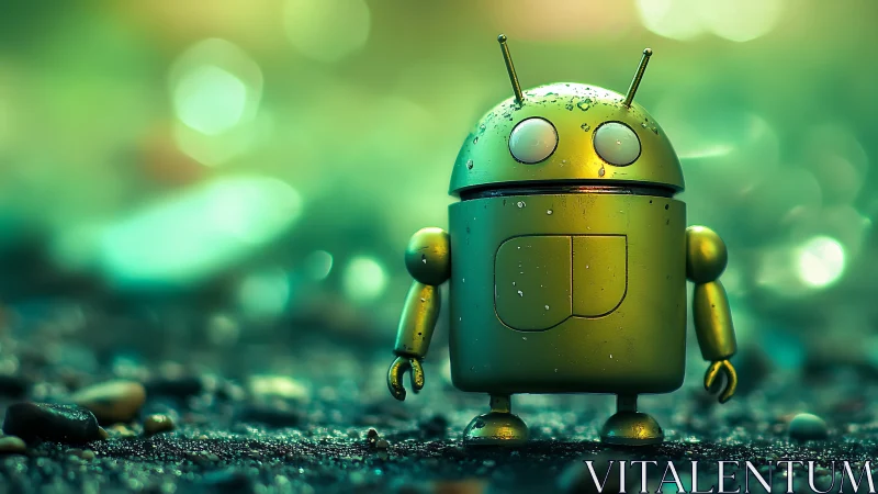 Small green robot figurine on wet textured ground surface.