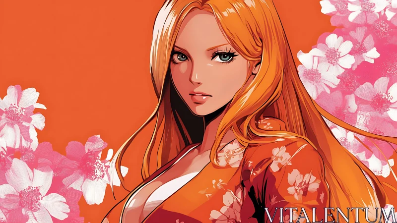 Flame haired blossom muse framed in bold sakura haze.