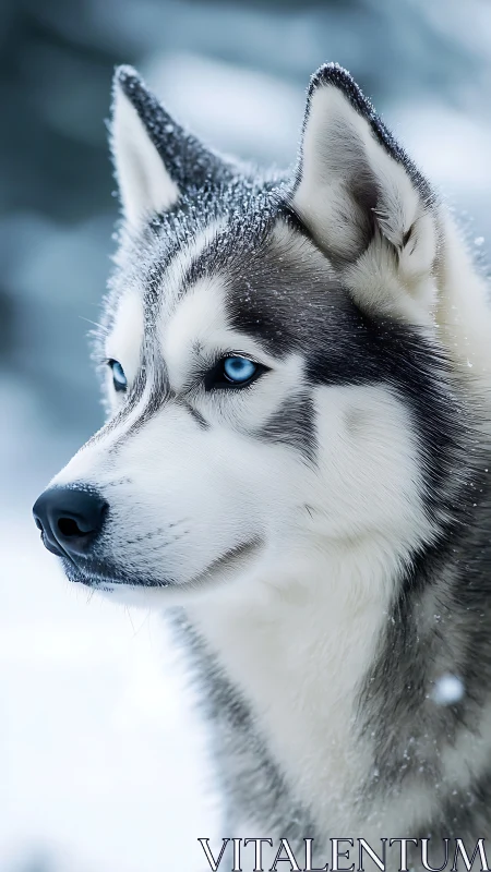 Husky with blue eyes standing alert in a winter landscape.