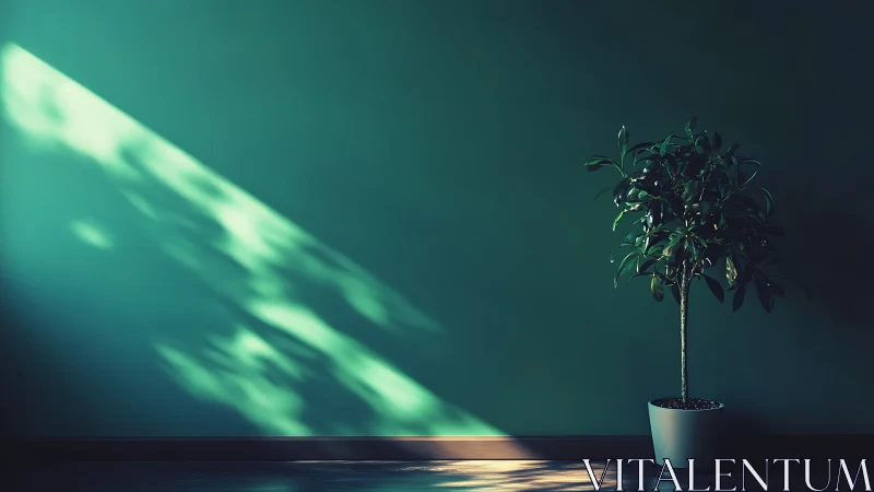 Sunlit indoor tree enjoys quiet calm against teal wall