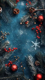 Festive pine branches and ornaments frame a wintery blue scene