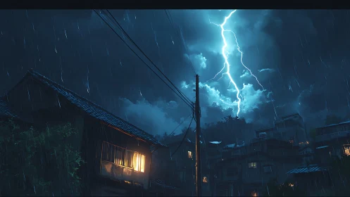 Lightning illuminates a residential street during heavy rain