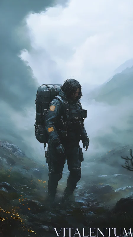 Solitary sci fi wanderer crosses a fog drenched mountain pass