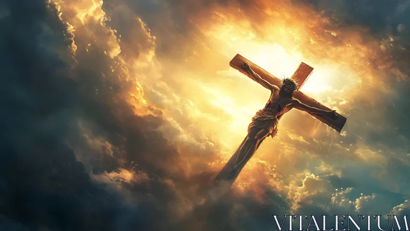 Crucifix figure is suspended against dense illuminated clouds