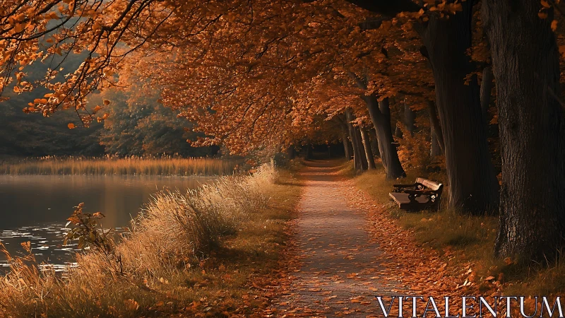 Amber leaf tunnel embracing a quiet lakeside pathway.