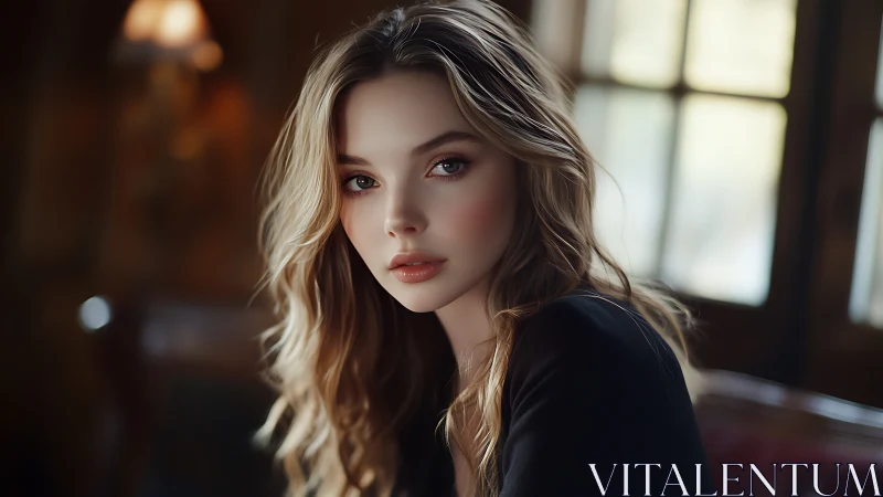 Soft-window light crowns a poised woman in quiet focus